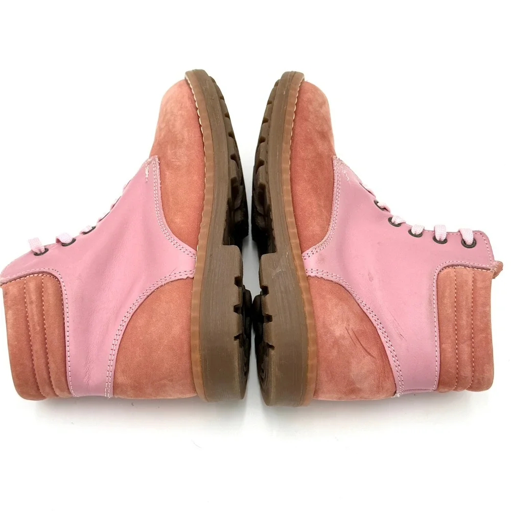 DOGI Pink Two Tone Leather Suede Lace Up Combat Ankle Boots Lug Sole Size 13